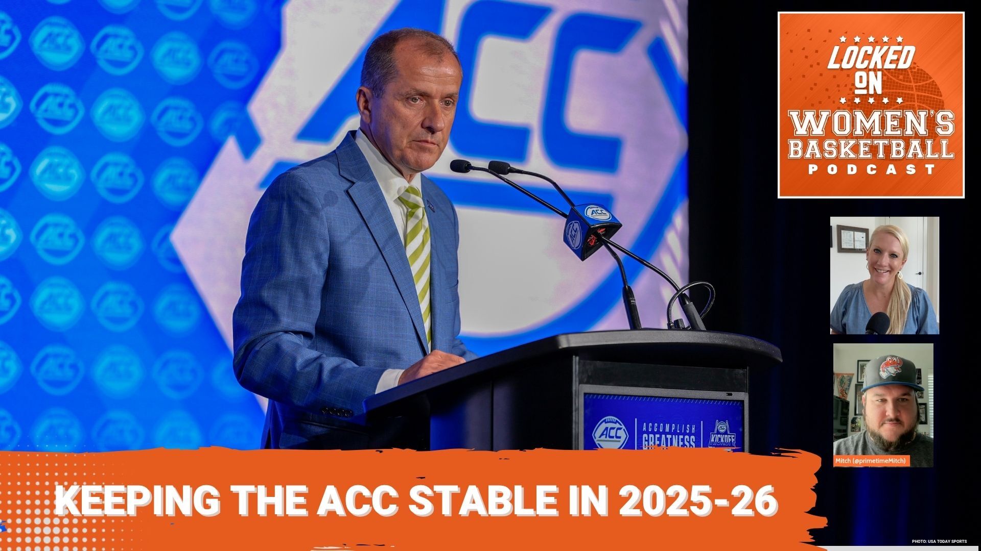 ACC commissioner is speaking at a podium in thumbnail image, accompanied by podcast title "Keeping the ACC stable in 2025-26" and photos of the podcast host and guest