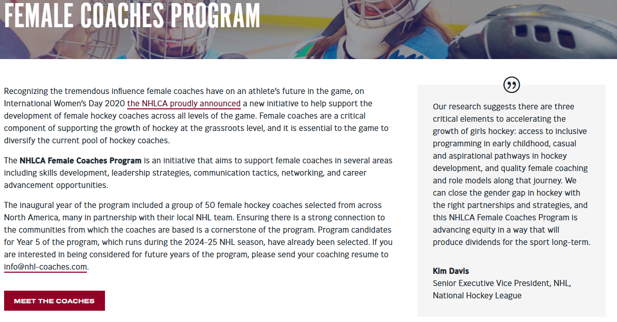 NHL female coaching program screenshot front page