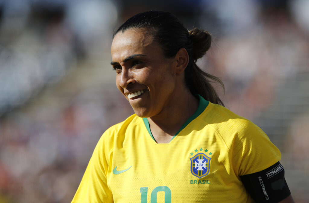 Jul 29, 2018; East Hartford, CT, USA; Brazil forward Marta (10) on the field as they take on Japan in the second half during the Tournament of Nations Women's Soccer match at Pratt &amp; Whitney Stadium. Mandatory Credit: David Butler II-USA TODAY Sports