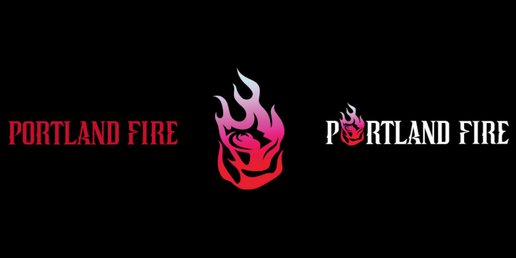 (left) Red gothic-stylized text in all-caps that reads "Portland Fire". (center) Line art graphic of flaming rose with red to white gradient. (right) White gothic-stylized text in all-caps that reads "Portland Fire". "O" character in "Portland" is replaced with the flaming rose graphic.