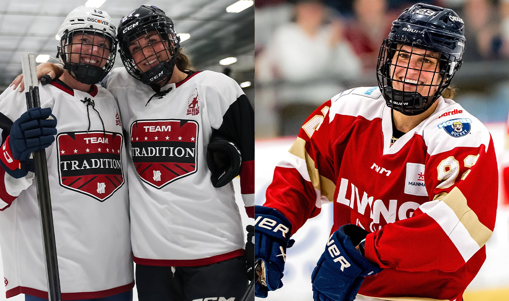 Two side-by-side photos. The photo on the left depicts two players smiling in uniform together with their arms around each other. The photo on the right is a single player, smiling on the ice while wearing a red uniform.