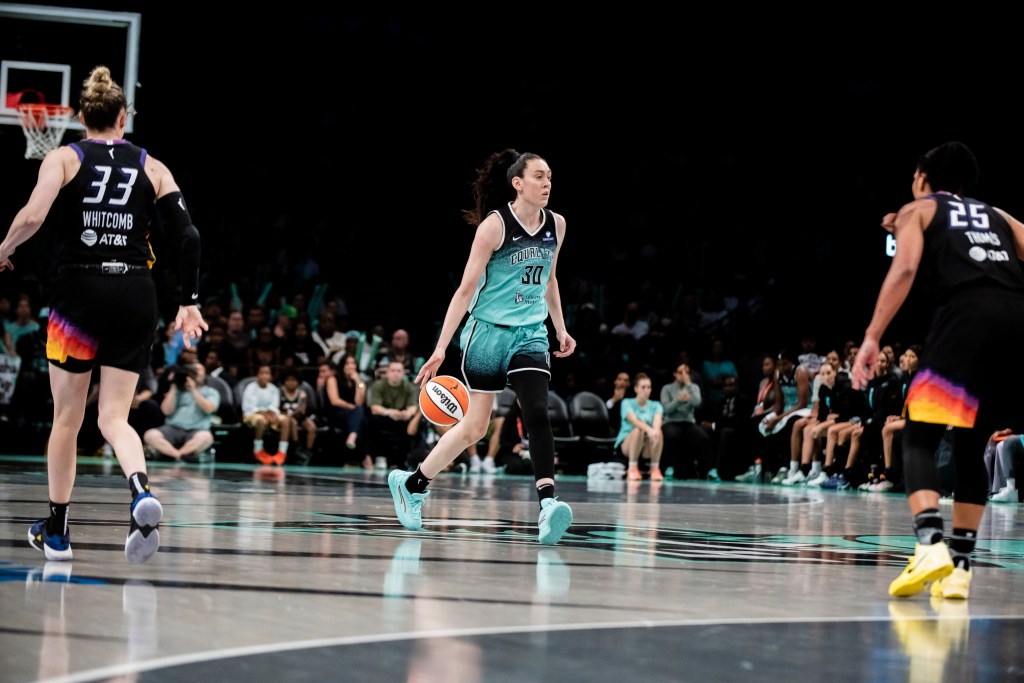 Breanna Stewart dribbles the ball down the floor as the Liberty's ball handler with <a rel=