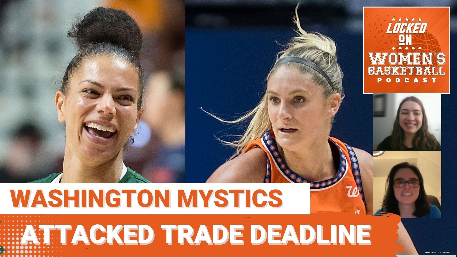 Podcast promotion graphic with photos of Alysha Clark and Jacy Sheldon. Text overlay reads "Washington Mystics Attacked Trade Deadline"