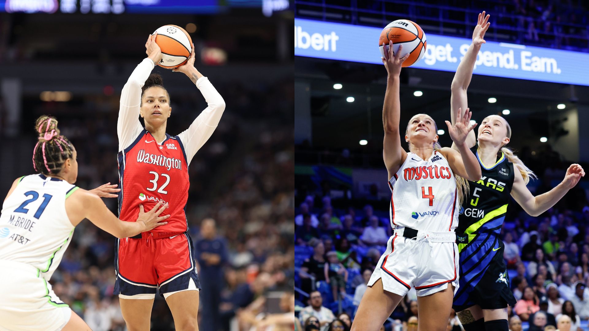 Two photos from separate Washington Mystics games are displayed side-by-side. On the left, forward Alysha Clark holds the ball with both hands and looks for a pass as Minnesota Lynx guard Kayla McBride defends her tightly. On the right, guard Jacy Sheldon attempts a layup as Dallas Wings guard Paige Bueckers tries to contest the shot from behind.