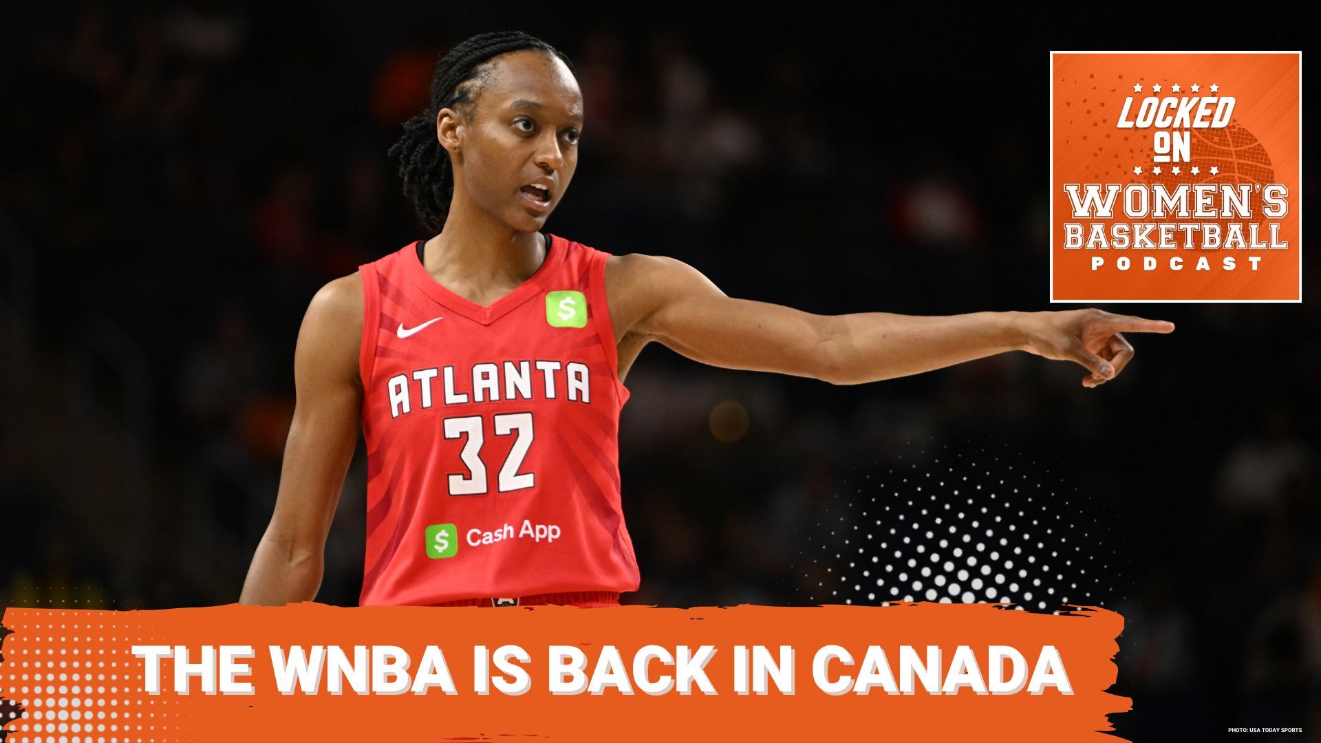 Graphic with photo of Shatori Walker-Kimbrough (32) pointing to the right during a game for the Atlanta Dream. Locked On Women's Basketball logo at top right. All-caps white text on orange background reads "The WNBA is back in Canada"