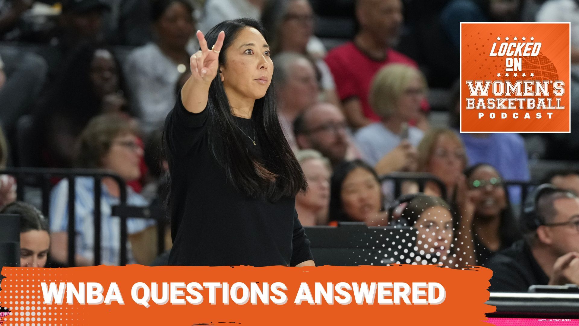 Golden State head coach Natalie Nakase is featured in a thumbnail image for the Locked On Women's Basketball episode titled WNBA Questions Answered
