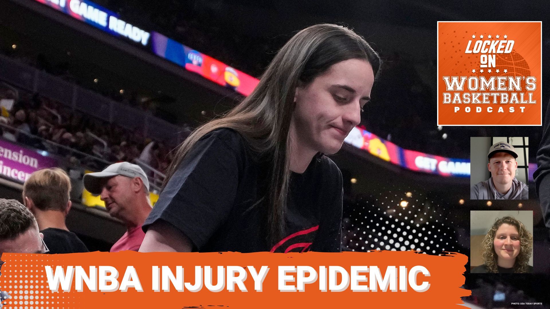 Graphic with photo of Caitlin Clark on the sidelines during an Indiana Fever game. Locked On Women's Basketball logo at top right. Headshots of host Jackie Powell and guest Lucas Seehafer at lower right. All-caps white text on orange background reads "WNBA Injury Epidemic".