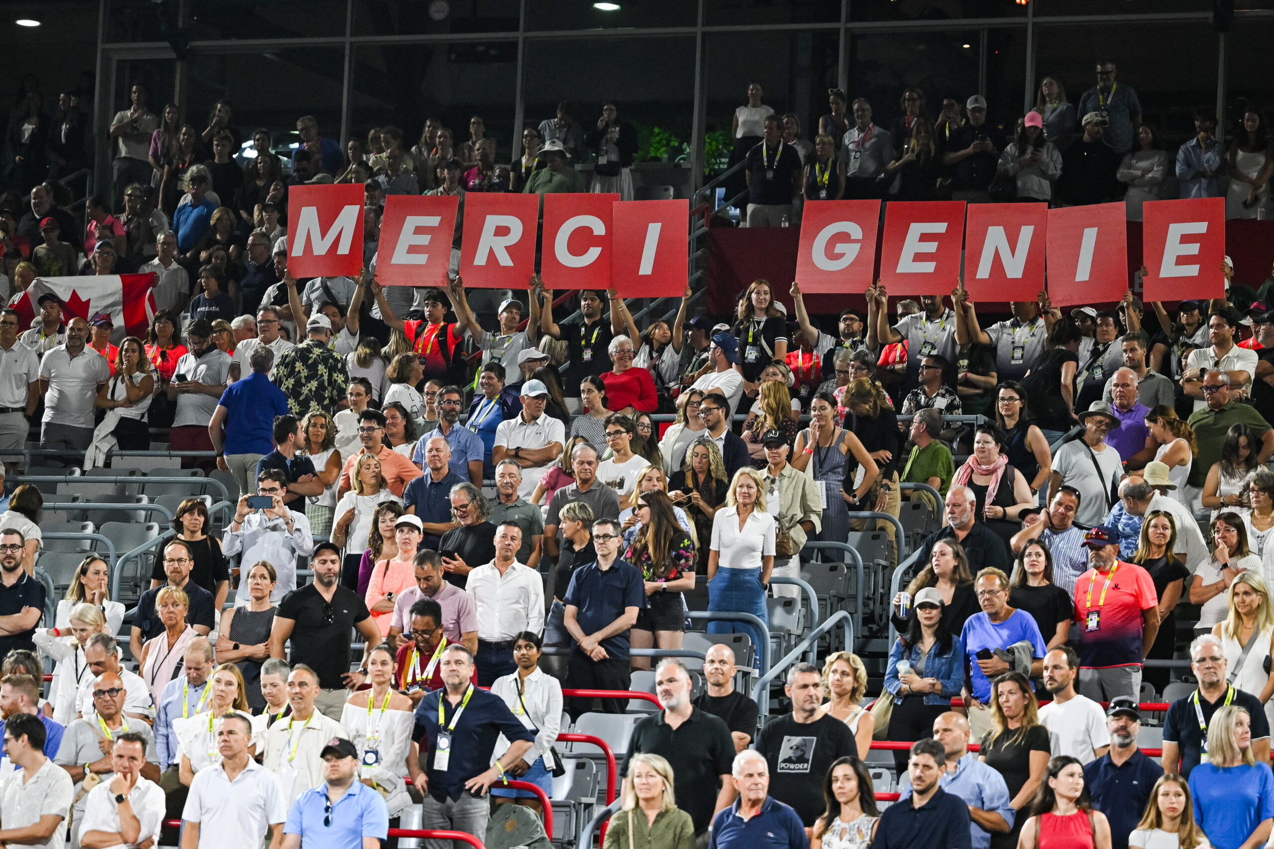 A sign saying "Merci Genie" as Genie Bouchard played her final professional tennis tournament