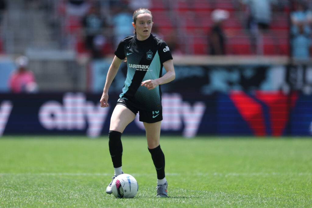 Aug 9, 2025; Harrison, New Jersey, USA; Gotham FC midfielder Rose Lavelle (16) controls the ball against the Washington Spirit during the first half at Sports Illustrated Stadium. Mandatory Credit: Vincent Carchietta-Imagn Images