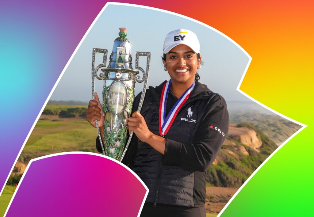 Megha Ganne, winner of the 2025 U.S. Women's Amateur, holds the trophy up to her right and smiles at the camera. She wears the champion's medal for the tournament, and the Bandon Dunes, Oregon landscape is in the background. The photo is framed by a flag-shaped border and rainbow gradient.
