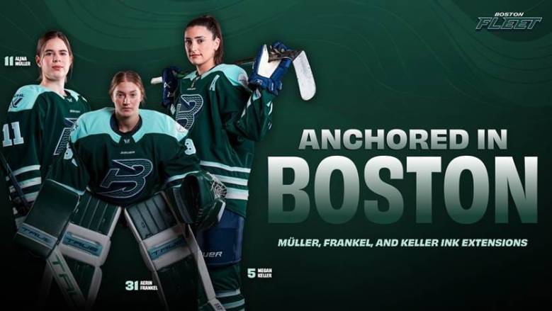 In the left half of the graphic are media day photos of the players in green home uniforms. On the right are the words "Anchored in Boston. Müller, Frankel, and Keller Ink Extensions"