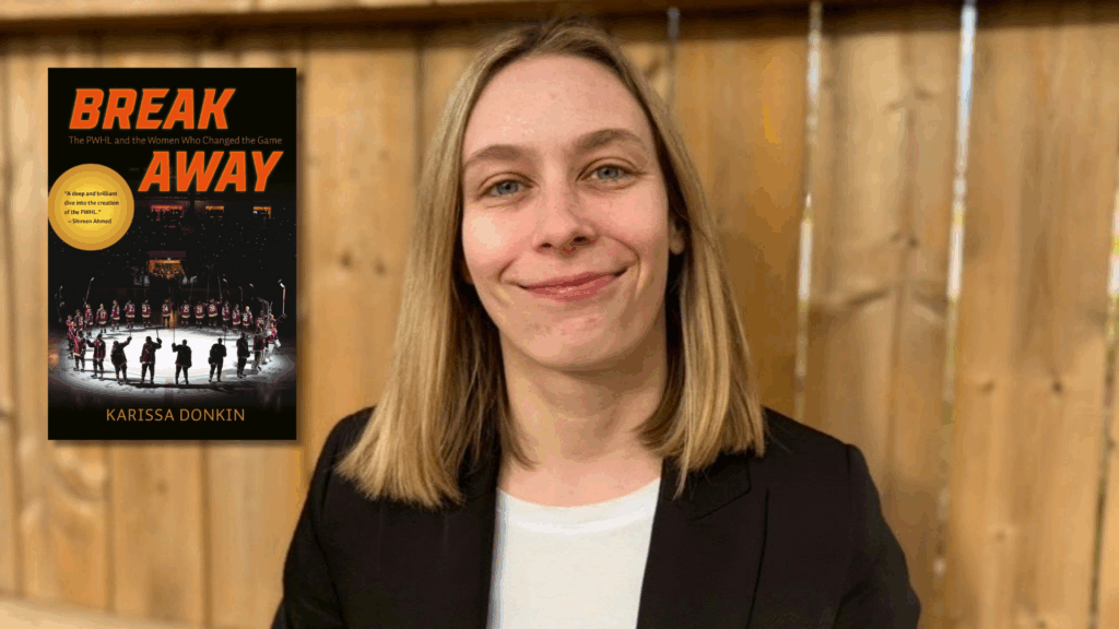 CBC Sports reporter and author Karissa Donkin is pictured next to the cover of her upcoming book