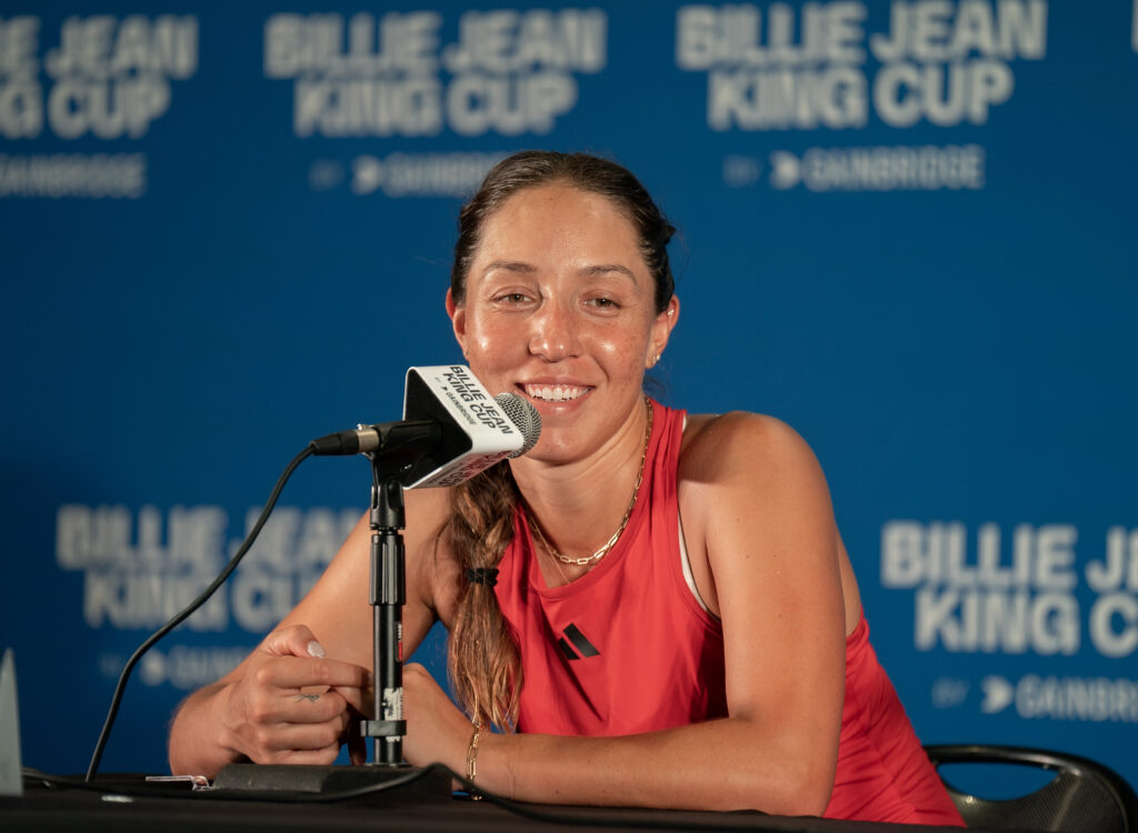 Jessica Pegula talks to press after a BJK Cup qualifier