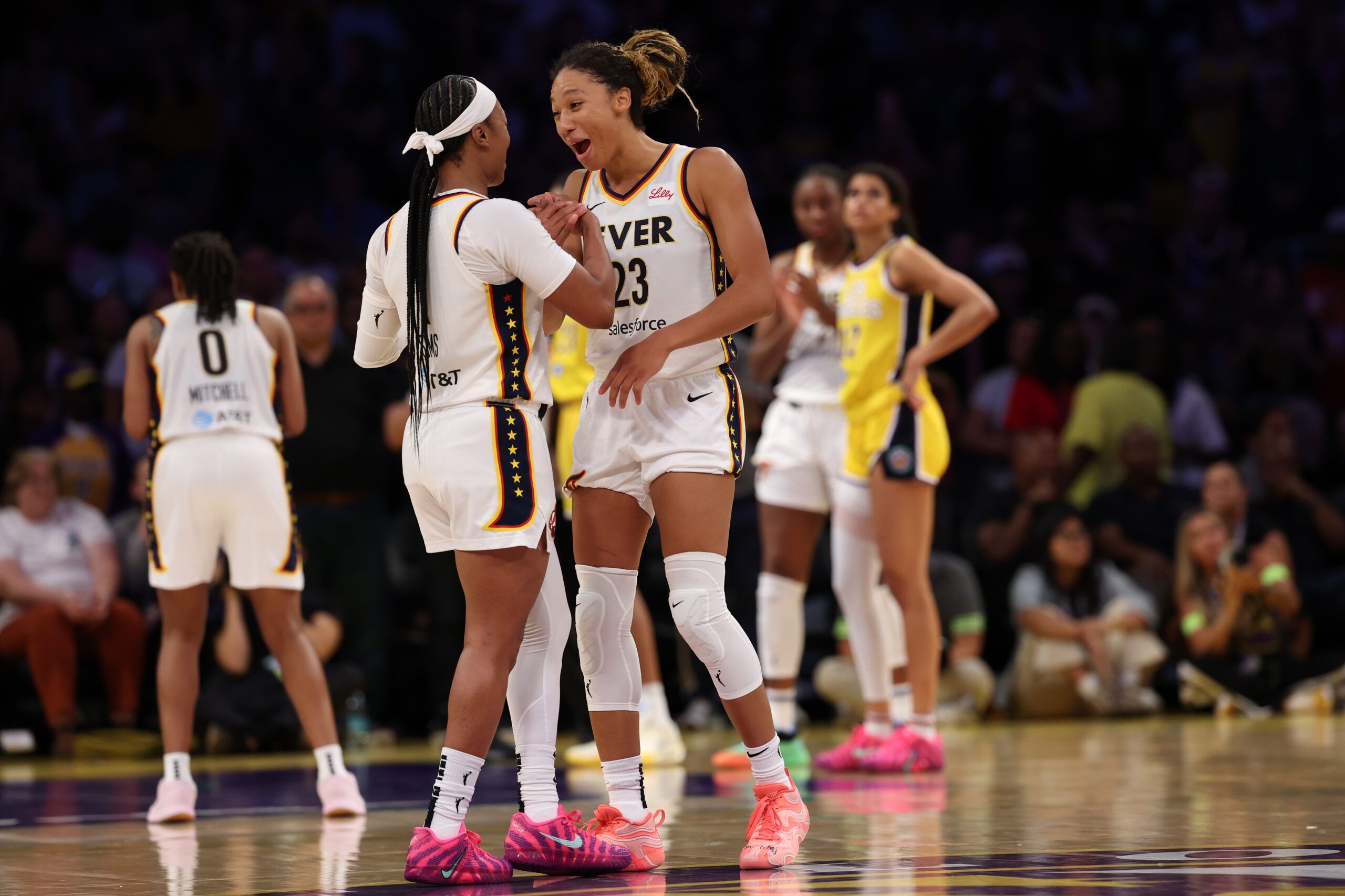 Aerial Powers and Odyssey Sims of Indiana Fever vs Los Angeles Sparks