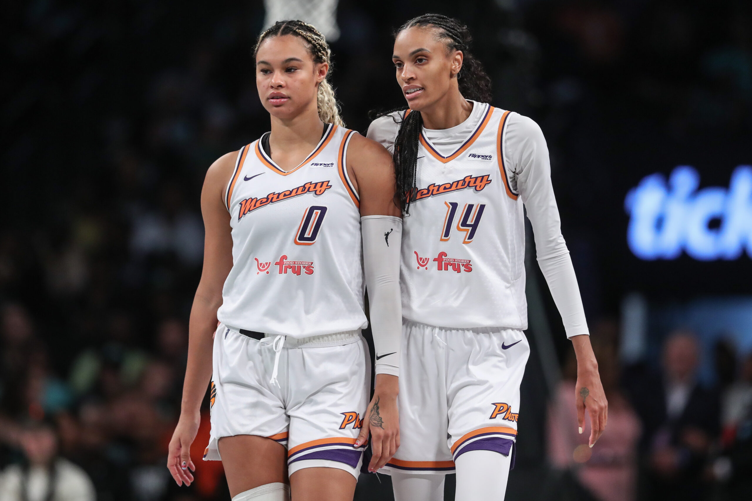 Satou Sabally (0) and DeWanna Bonner (14) were key contributors in the Phoenix Mercury's 86-60 victory over the New York Liberty in Game 2.