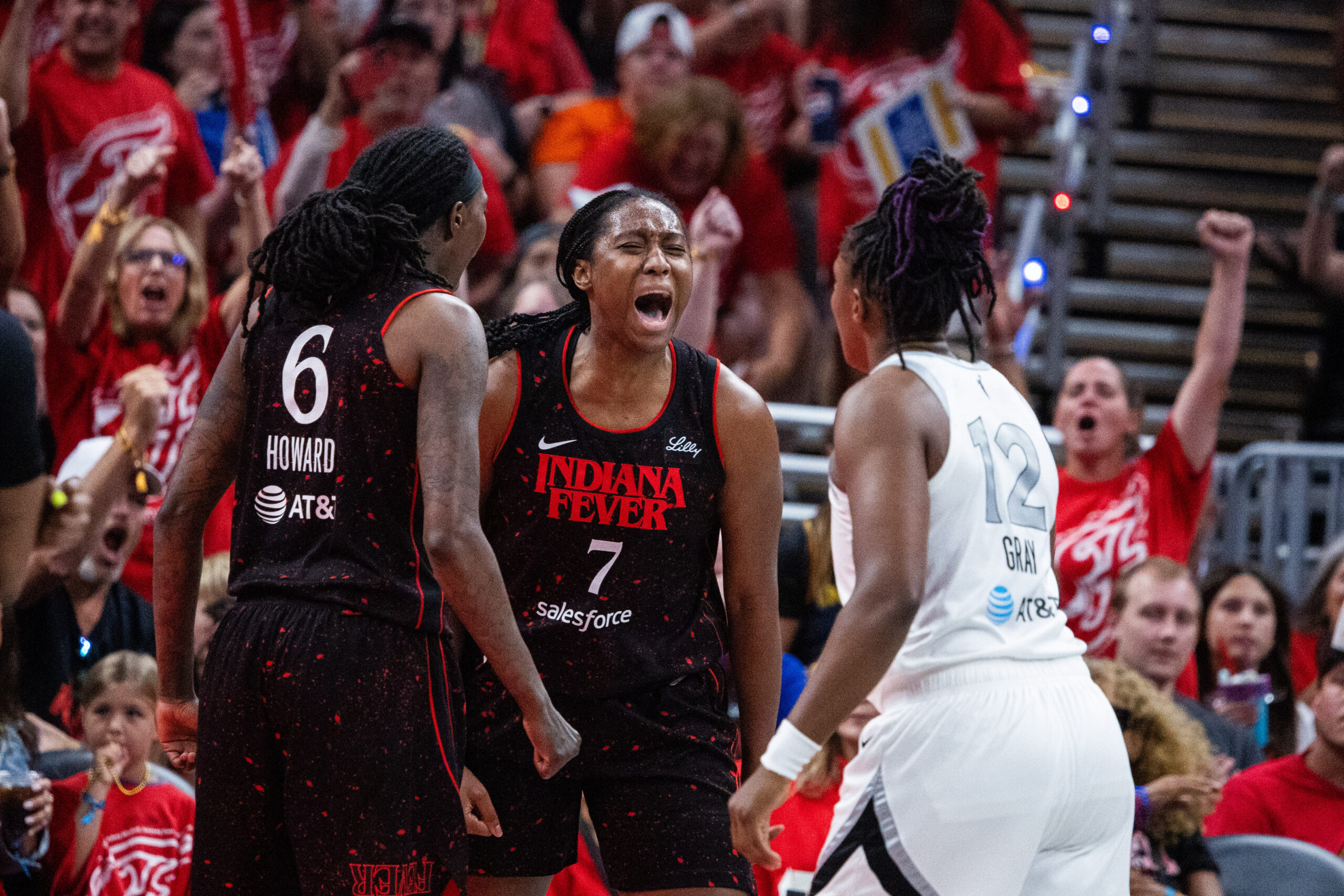 Indiana Fever center Aliyah Boston celebrates vs the Las Vegas Aces