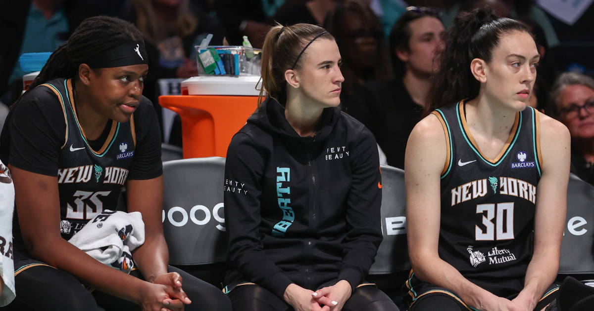 Jonquel Jones, Sabrina Ionescu and Breanna Stewart look disappointed on the bench while the New York Liberty get blown out at home in Game 2 of the first round of the 2025 WNBA playoffs.