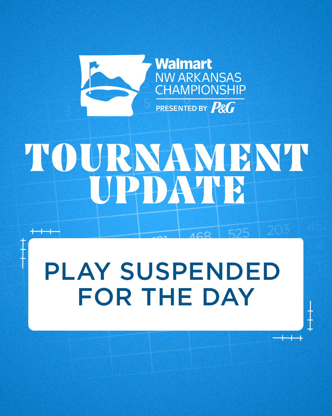 A social media post by the LPGA Tour announcing that play has been suspended in the 2025 Walmart NW Arkansas Championship presented by P&G. The tournament logo is an outline of the state of Arkansas with mountains, a lake, and a flag within it.