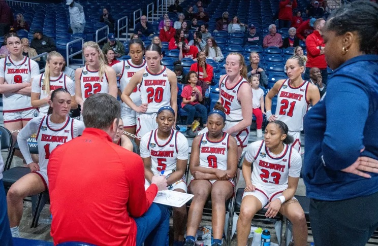 Belmont head coach talks to his team during their win against Villanova in the 2025 WNIT semi-finals.