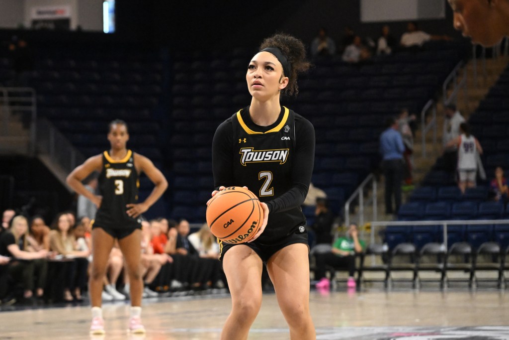 Towson's India Johnston prepares to shoot a foul shot at the CAA tournament.