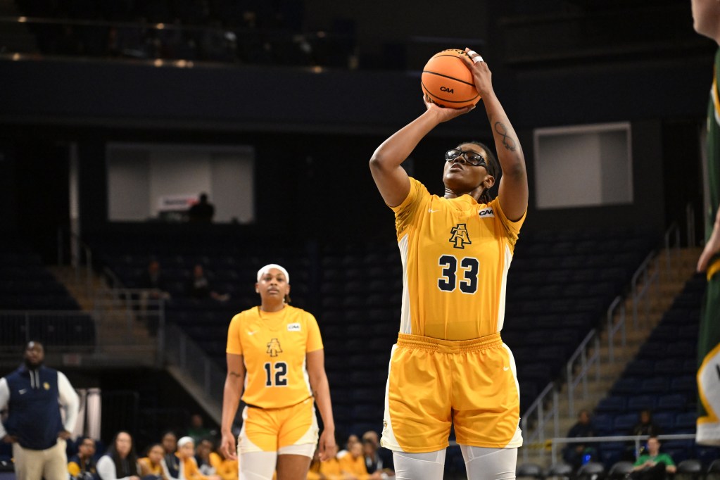 North Carolina A&T forward Chaniya Clark prepares to shoot a free throw in the CAA tournament