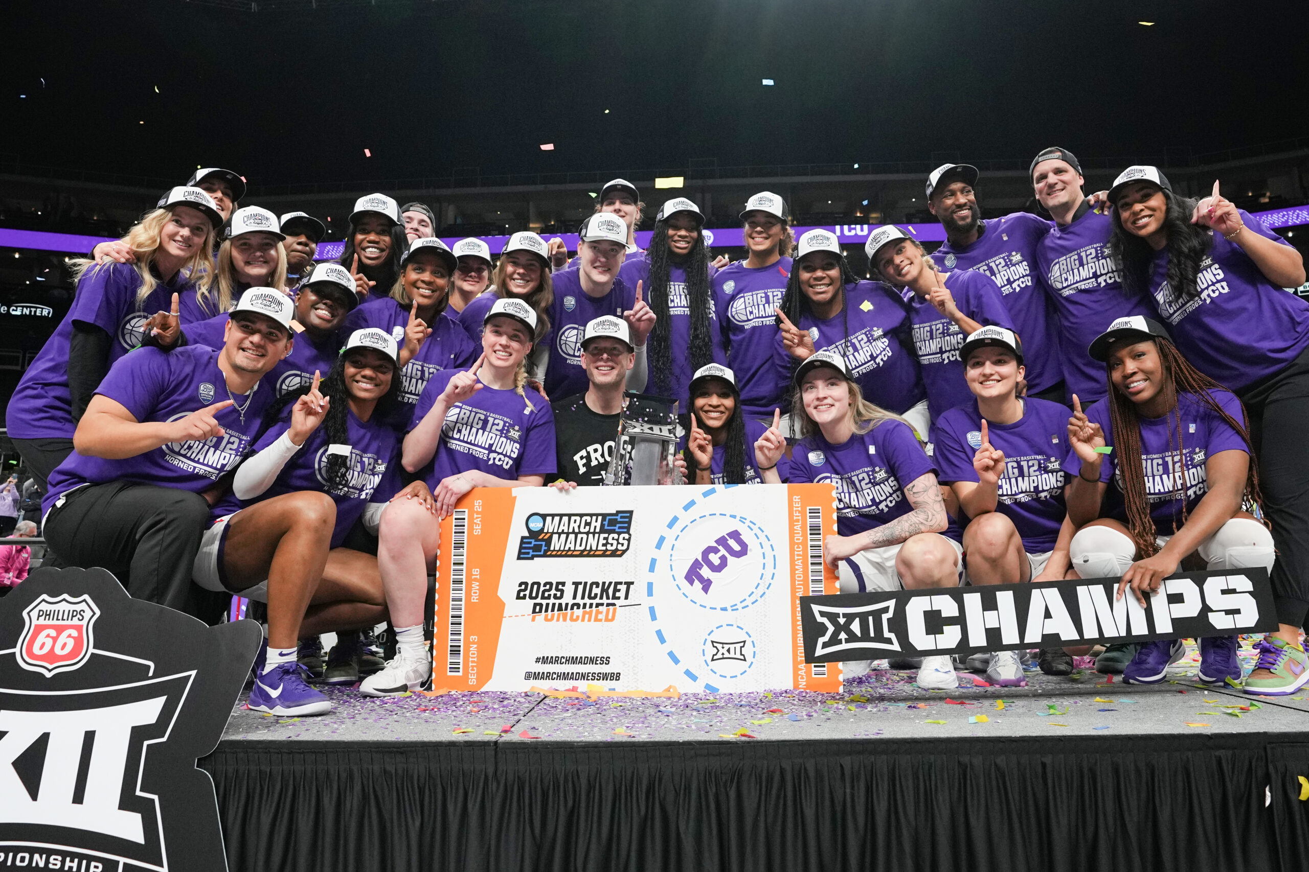 TCU women's basketball celebrates its Big 12 Tournament title in March 2025.