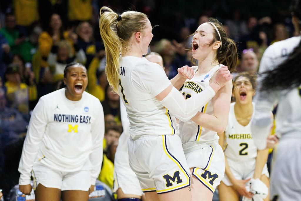 Syla Swords, wearing white jersey, and Olivia Olson, also wearing white jersey with blue and yellow lines and block M on the shorts, celebrate after making a shot. 