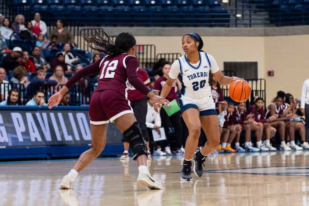 San Diego guard dribbles the ball against Alabama A&M. She is shown from the front with a defender in front of her and an out of focus crowd behind her.