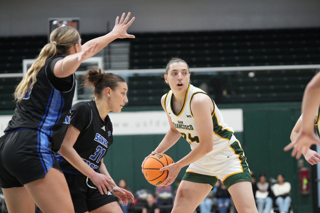 San Francisco forward Sol Castro holds the ball on the wing. She is shown from the front with two defenders in front of her.