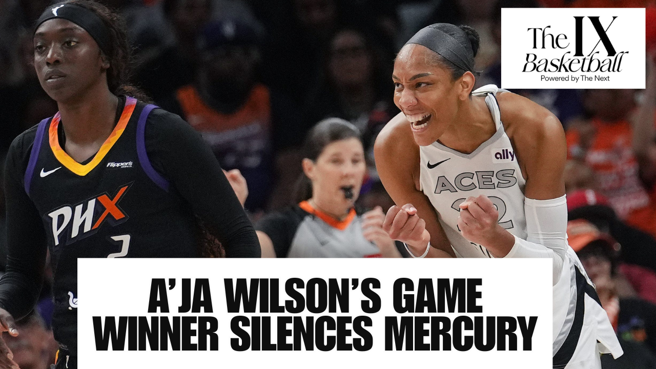 Podcast graphic with a photo of A'ja Wilson smiling and clinching her fists. Kahleah Copper stands to her right.