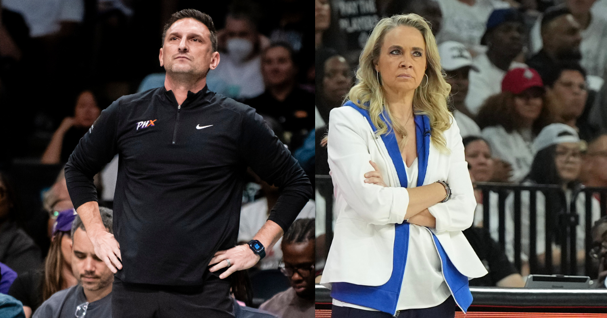 Left: Nate Tibbets looking on with his hands on his hips as he coaches from the sideline. Right: Becky Hammon also looks on from the sideline with her arms crossed.