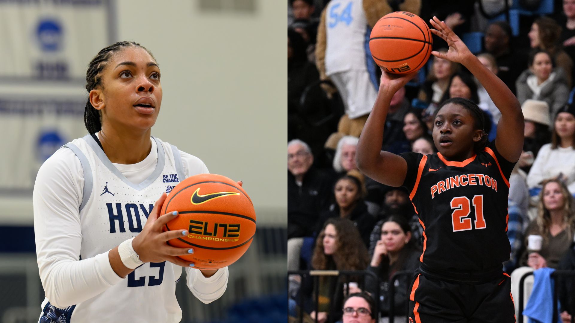 A graphic shows two close-up photos displayed side-by-side. On the left, Georgetown forward Chet Nweke holds the ball with two hands and looks up and ahead. On the right, Princeton guard Toby Nweke shoots a right-handed jump shot.