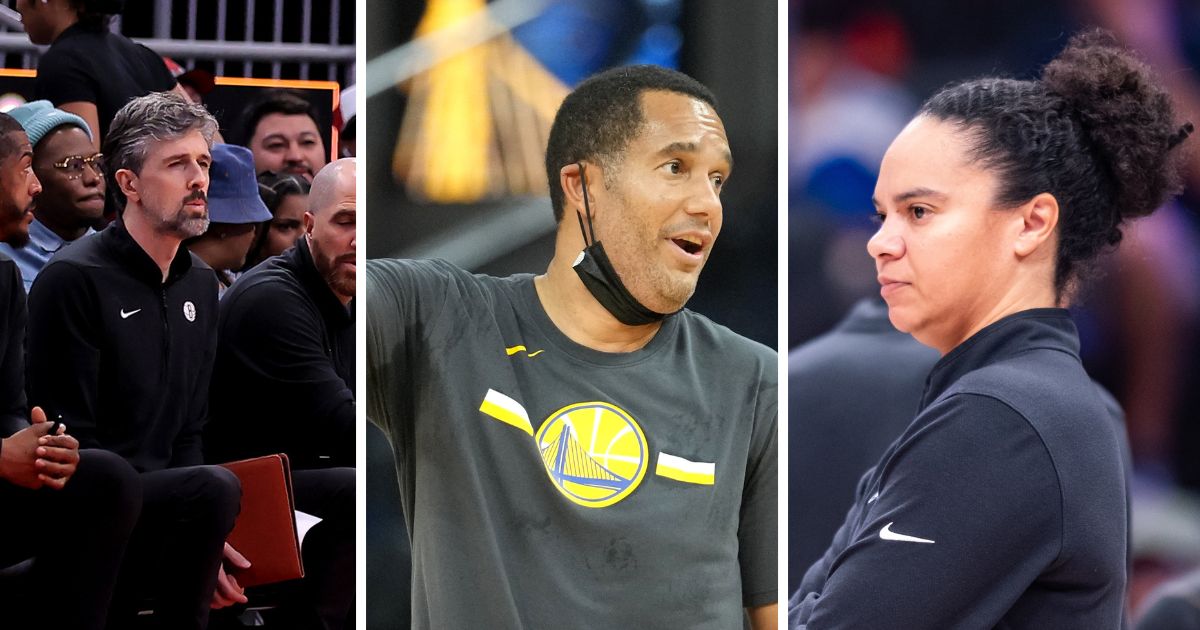 From right to left: Will Weaver sits on the Brooklyn Nets front bench. Jama Mahlalela is photographed with a mask during one of the pandemic seasons while coaching the Golden State Warriors. Kristi Toliver looks on during a 2024 Phoenix Mercury game.