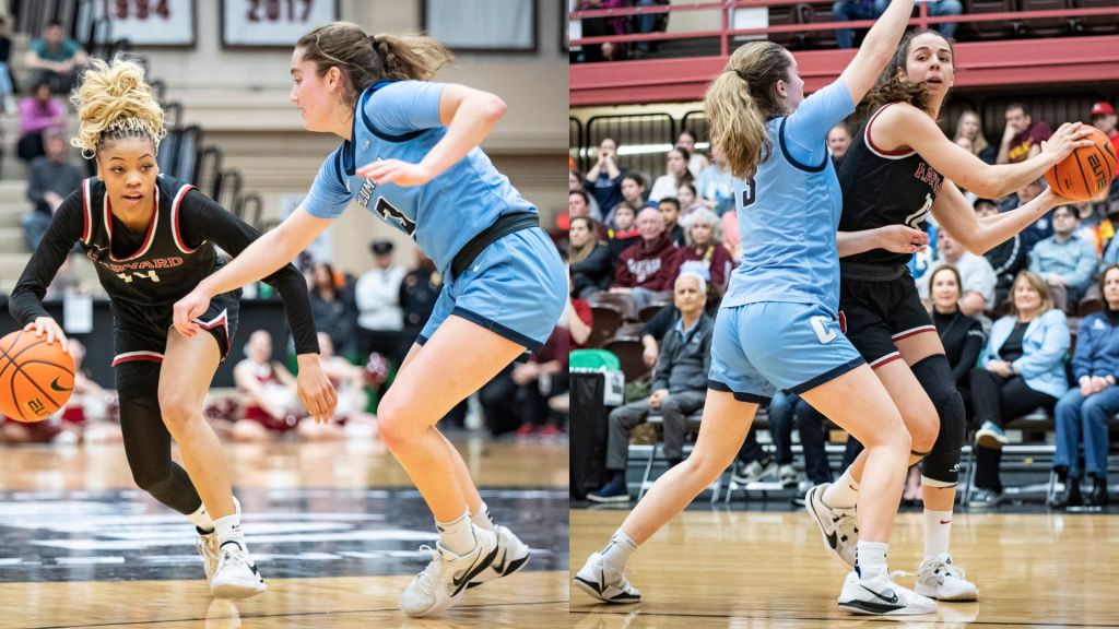 Two photos from the 2025 Ivy League Tournament championship game are displayed side-by-side. At left, Harvard's Harmoni Turner has her eyes up as she dribbles the ball with her right hand and Columbia's Cecelia Collins guards her tightly. At right, Collins guards Harvard's Elena Rodriguez as Rodriguez holds the ball with two hands.