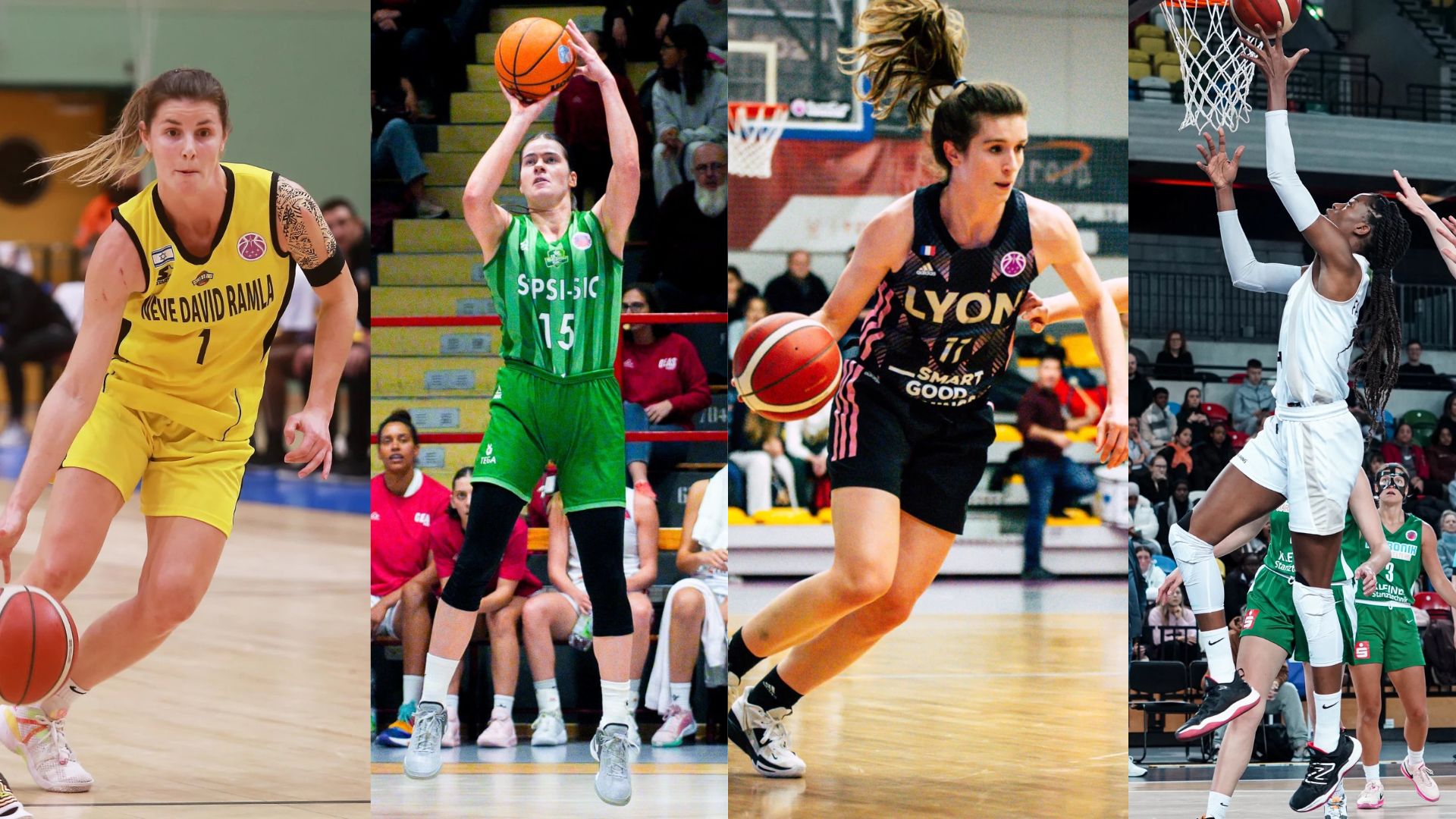 Four side-by-side photos of Ivy League alumnae playing for professional basketball teams overseas. In two of the photos, the players are dribbling the ball with their right hand. In a third, the player is shooting an open right-handed jump shot, and in the fourth, the player is shooting an open left-handed layup.