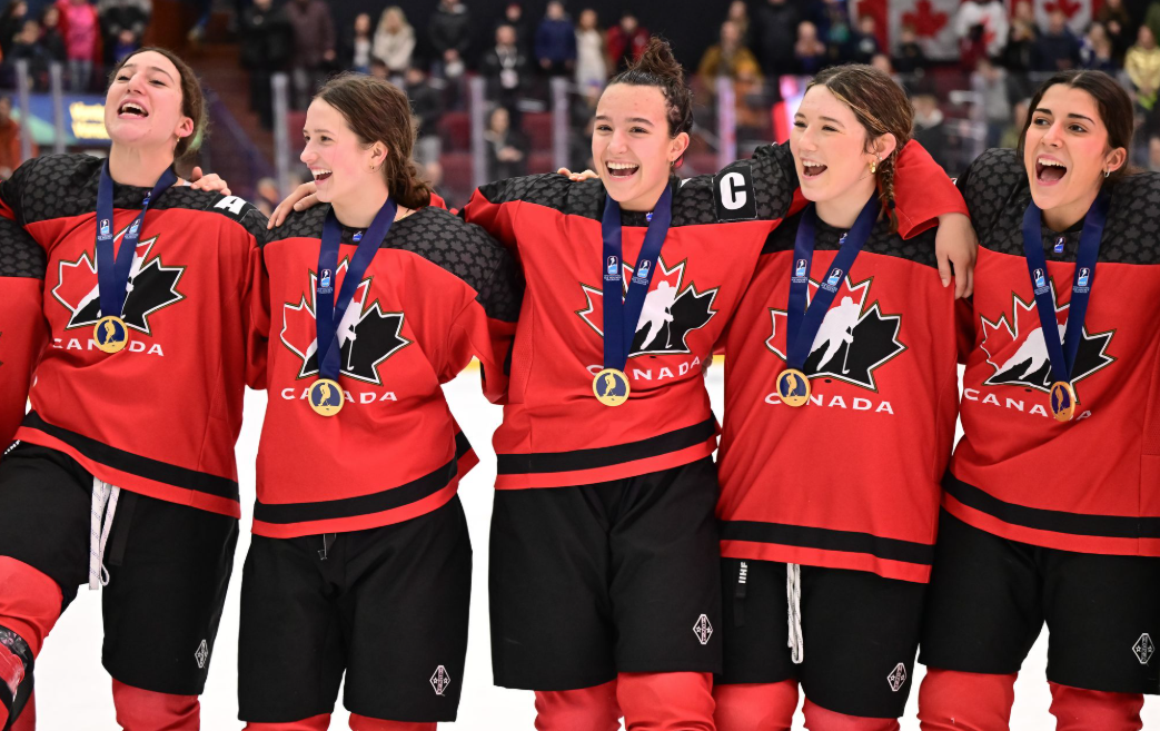 Canada celebrates winning Gold at the 2025 U18 IIHF World Hockey Championships