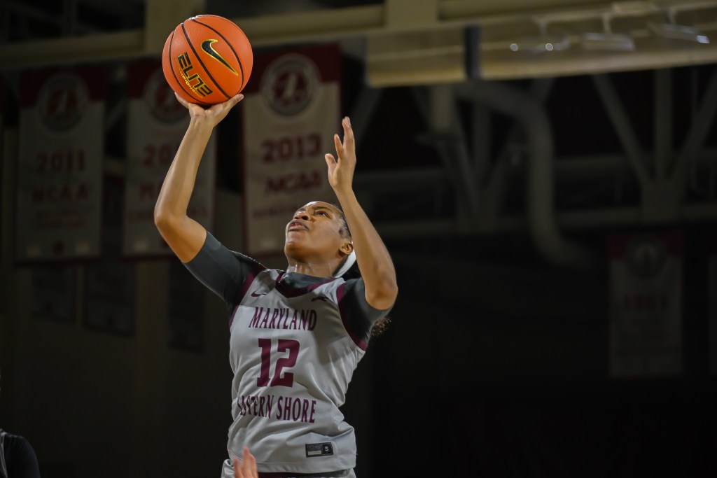 UMES Brianna Barnes gets prepared to score a basket in a recent game.