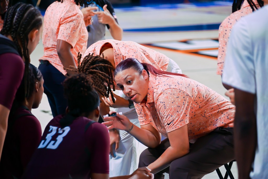 UMES head coach Malikah Willis speaks to her team during a timeout during a recent tournaement in the Bahamas.