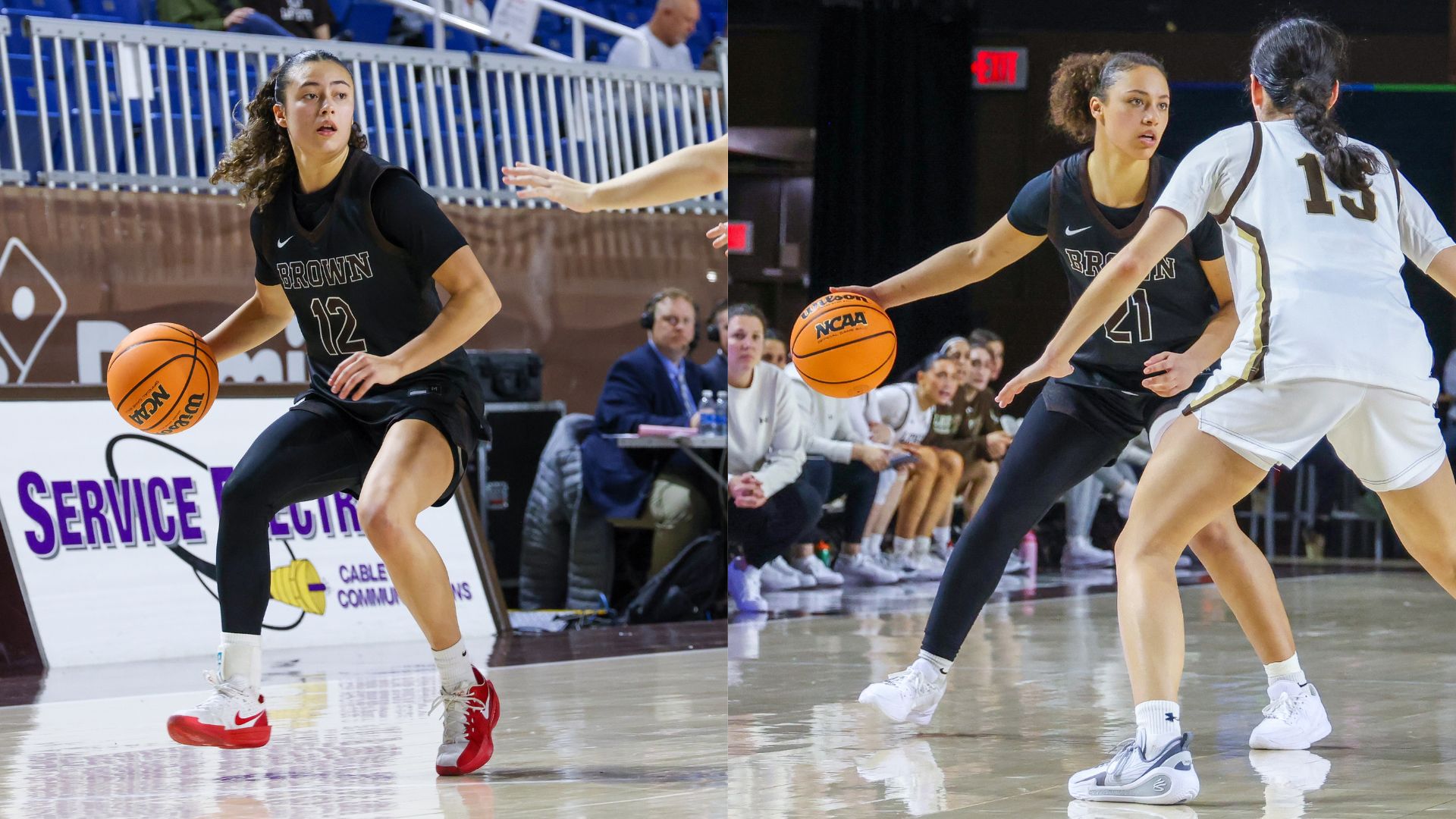 Two photos are displayed side-by-side. On the left, Brown point guard Charlotte Adams-Lopez scans the court as she dribbles the ball with her right hand. On the right is a similar photo of Brown point guard Grace Arnolie, but Arnolie has a defender just in front of her.