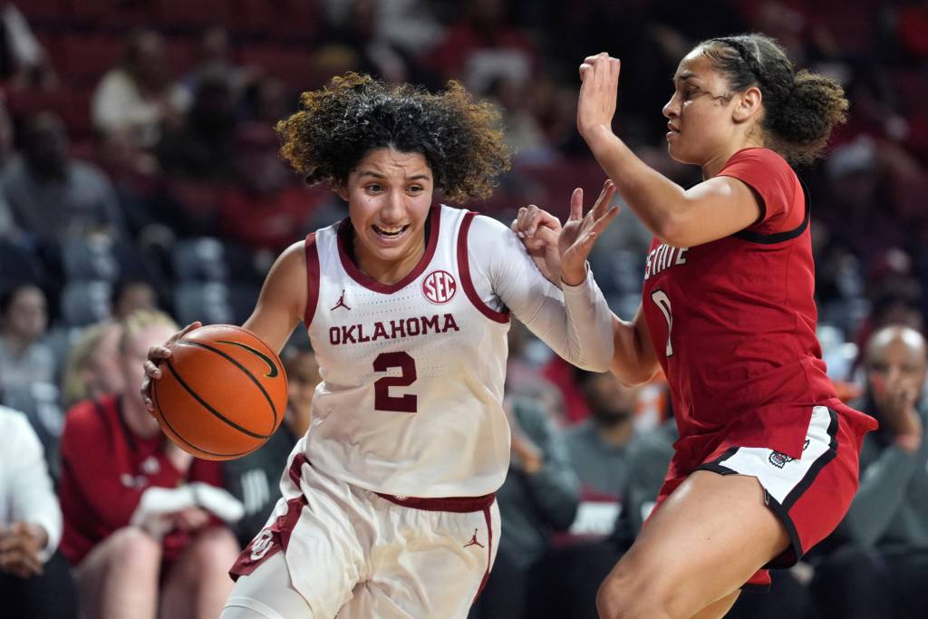 Aaliyah Chavez drives past a defender in the Oklahoma game against NC State in Norman, OK.