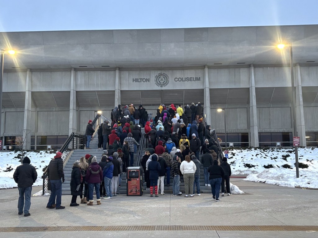 Fans begin to line up at Hilton Coliseum in Ames, Iowa, hours before the Iowa State women's basketball game against Iowa on Dec. 10, 2025.