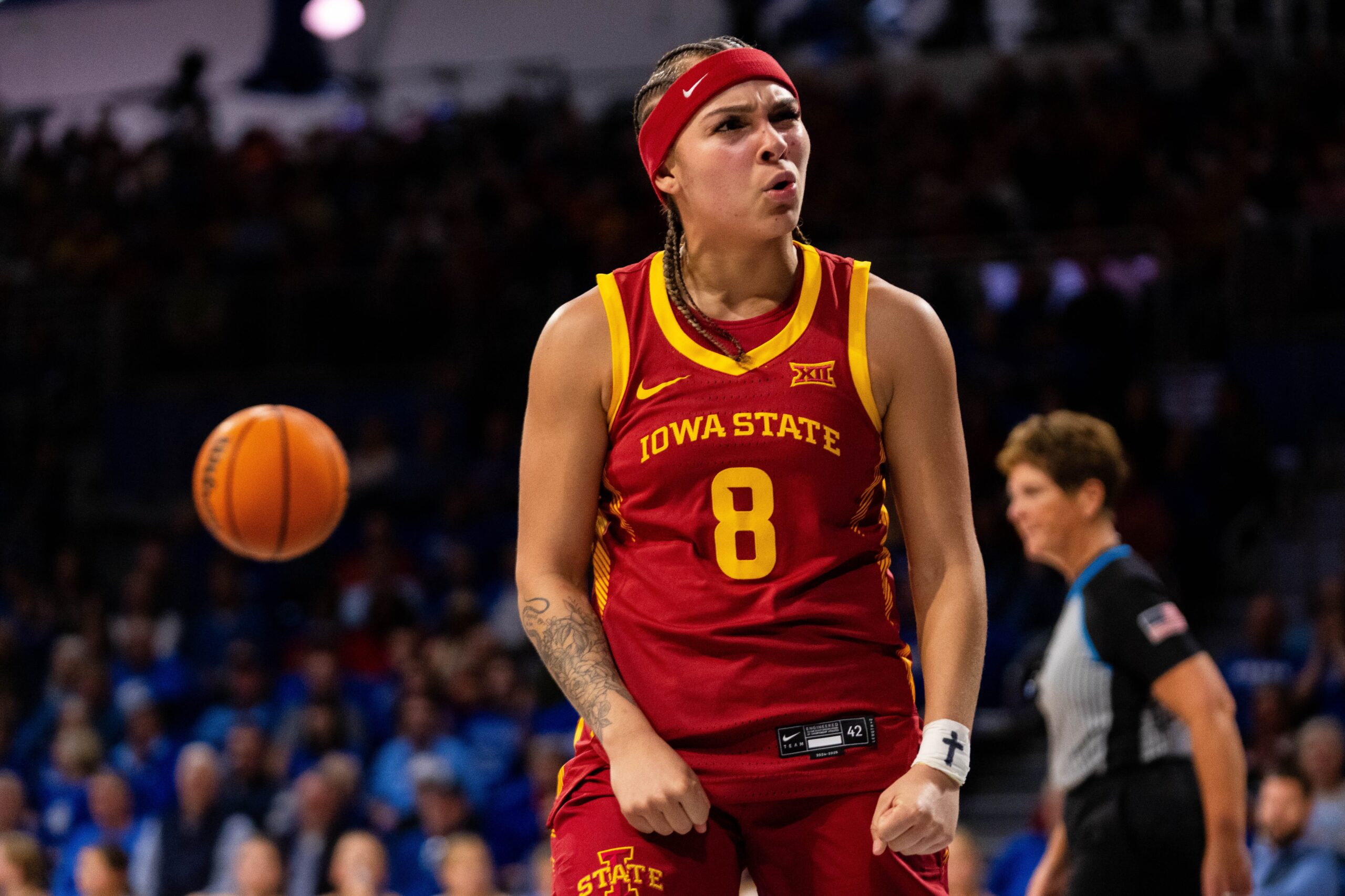 Iowa State guard Jada Willams celebrates a made basket during their game against Drake.