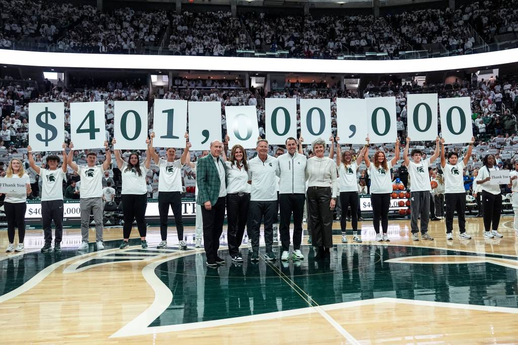 Michigan State celebrates the $401 million gift given by the Williams family during the men's basketball game against Duke.