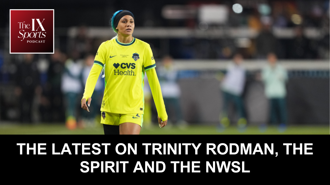 Podcast graphic with a photo of Trinity Rodman looking to the right. Text overlay reads "The latest on Trinity Rodman, the Spirit and the NWSL."