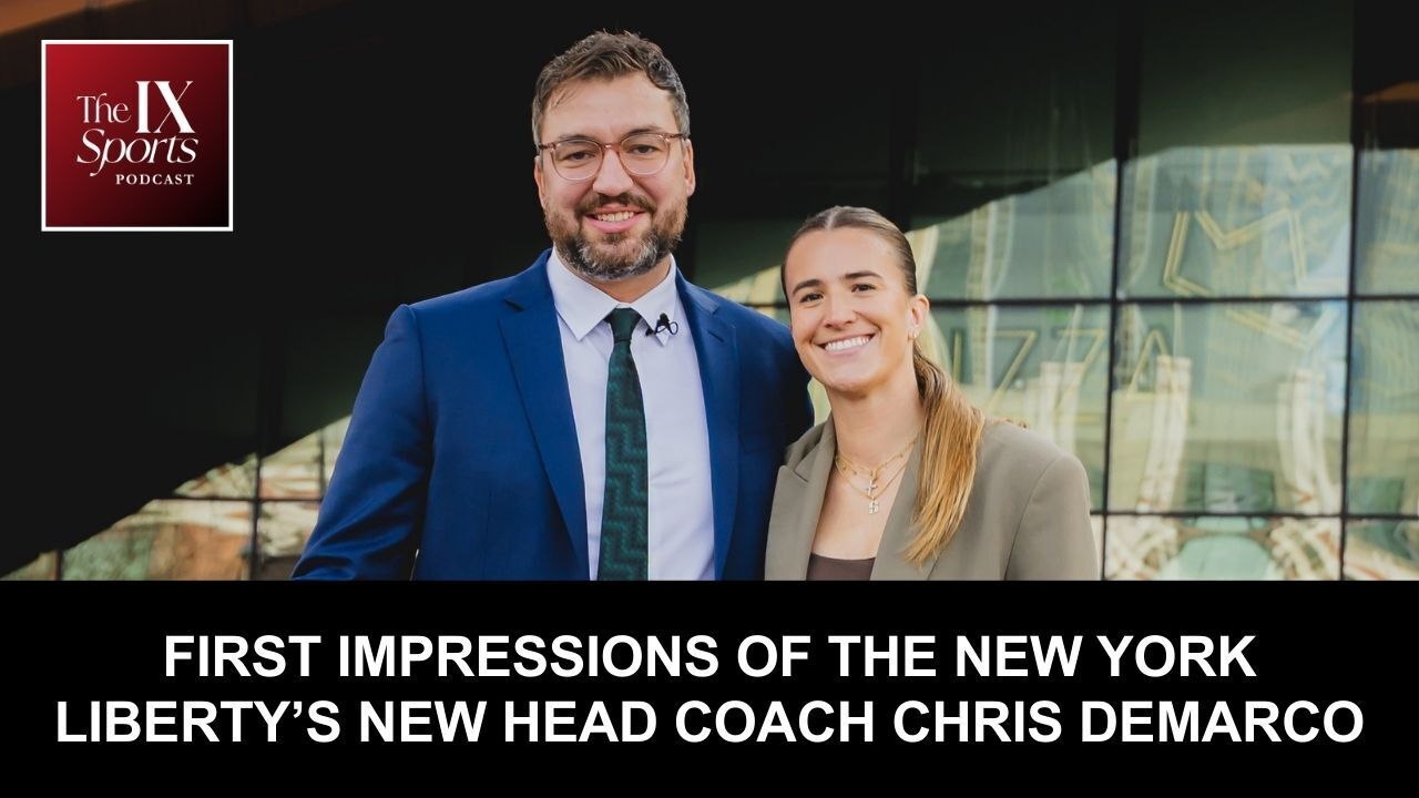 New York Liberty head coach Chris DeMarco (L) poses alongside Liberty guard Sabrina Ionescu