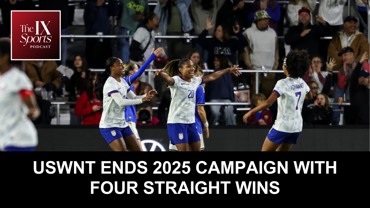 Podcast graphic with a photo of Catarino Macario celebrating her goal with Jaedyn Shaw and Lily Yohannes. Text overlay reads "USWNT ends 2025 campaign with four straight wins."