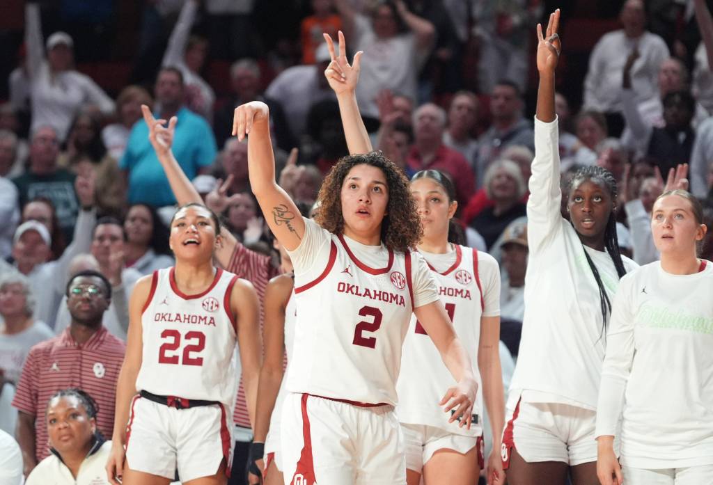 Oklahoma guard Aaliyah Chavez shoots the basketball during a game in Norman, OK during the 2025-26 season.