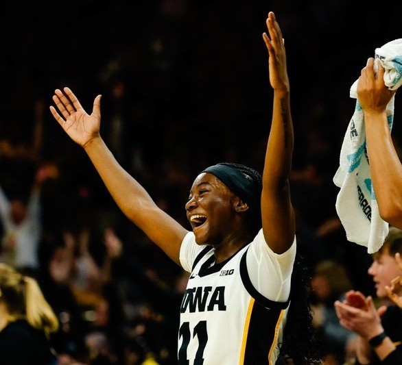 Iowa guard Chazadi “Chit-Chat” Wright (11) celebrates during a game at Carver-Hawkeye Arena in Iowa City, Iowa.