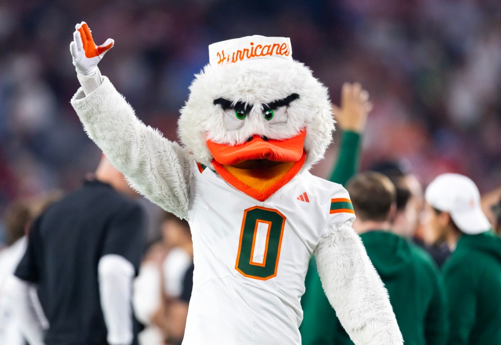 University of Miami Mascot Sebastian the Ibis celebrates at the recent College Football Playoff win by Miami to go to the national title game.