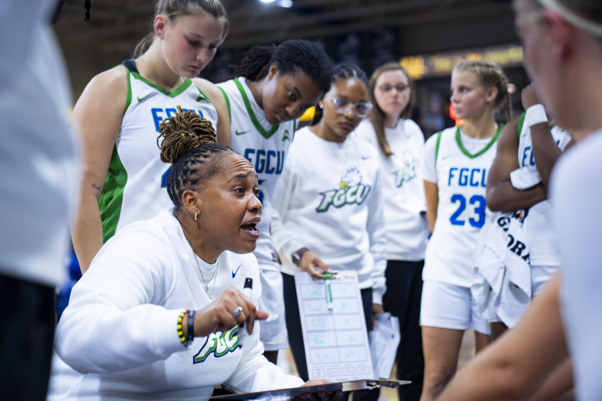 Florida Gulf Coast University head coach Raina Harmon gives instructions in the huddle.
